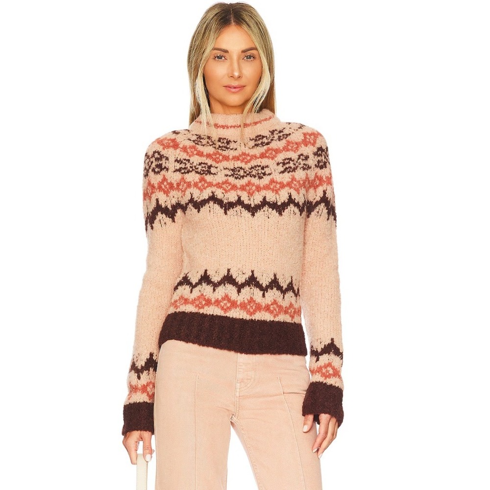 SMYTHE Lopi Fair Isle Sweater Fuzzy Knit Alpaca Blend Peach Brown Sz S